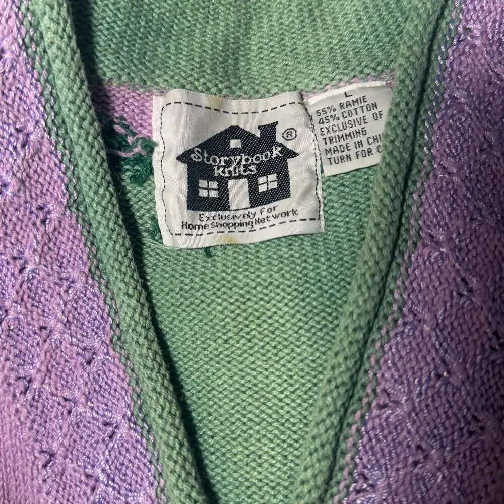 Vtg Storybook Knits Pastel Flower Cardigan Purple Green Cottagecore Large 90s - Picture 4 of 7